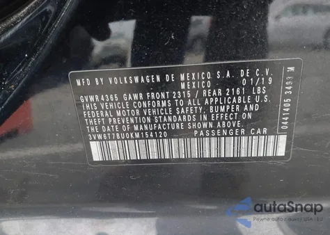 2019 Volkswagen Jetta Gli 2.0T 35Th Anniversary Edition/2.0T Autobahn/2.0T S z USA, uszkodzony, nr VIN 3VW6T7BU0KM154120